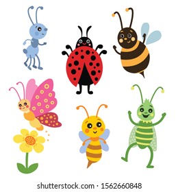 Cute insects illustrations. Set of cute cartoon insects for children. Ant, ladybug, bumble bee, butterfly, bee and cricket. Vector illustration.