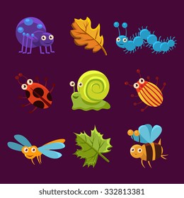 Cute Insects and Leaves with Emotions. Vector Illustration Set
