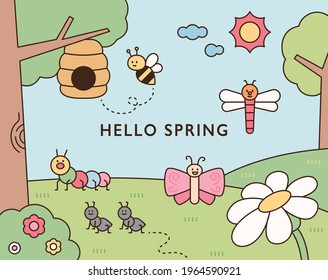 Cute insects live in the natural background with flowers and trees. flat design style minimal vector illustration.