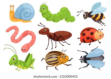 Cute Insekten Mega Set in grafischer flacher Design. Paket Elemente von lustigen Maskottchen, Schnecke, Raupe, Biene, Wurm, Ameise, Ladybug, Grasshopper, Colorado, Käfer, Fliege. Einzelne Vektorgrafik-Objekte