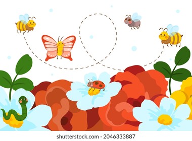 Cute insects on flowers. Butterflies fly among plants, pollination. Childrens pictures, images for decorating bright room, bed linen. Cartoon flat vector illustration isolated on pink background