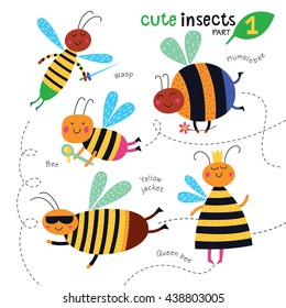 Cute insects on a white background. Childish illustration of bee, queen bee, wasp, yellow jacket and bumblebee. Vector collection. Part 1.
