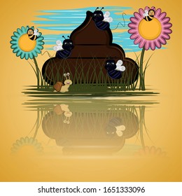 Cute insects over a poop - Vector ilustration