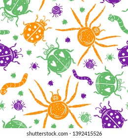 Cute insects seamless pattern. Background with funny insects. Vector illustration. Doodle pattern.