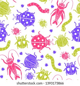 Cute insects seamless pattern. Background with funny insects. Vector illustration.