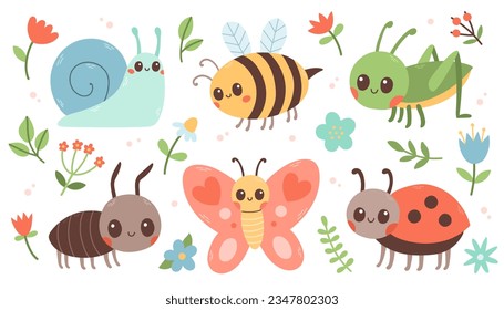 Cute insects set. Butterfly, ant, ladybug, bee, snail, grasshopper. Vector illustration isolated on white background