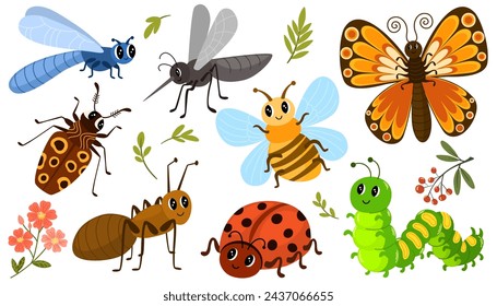 Cute insects set. Butterfly, ant, ladybug, bee, mosquito, caterpillar, dragonfly and beetle. Vector hand draw illustration isolated on white background