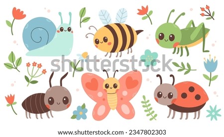 Cute insects set. Butterfly, ant, ladybug, bee, snail, grasshopper. Vector illustration isolated on white background