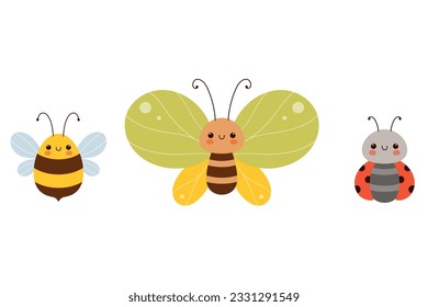 Cute insects set. Butterfly, bee and ladybug in flat cartoon style.