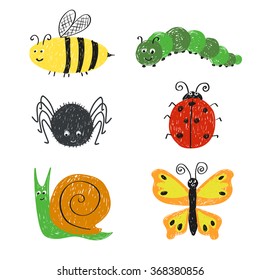 Cute insects set. Cartoon bee, ladybug, snail, spider ans, butterfly isolated on white. Doodle vector illustrations. 