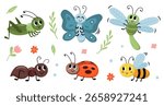Cute insects set. Dragonfly, bee, butterfly, ladybug, ant, grasshopper. Cute bugs cartoon characters. Happy insects in kids style. Vector.