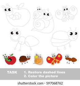 Cute insects set, the pest apple worm and bug, the snail and her baby, the butterfly and ant. Dot to dot educational game for kids, insect set to be traced.
