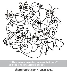Cute insects. The simple mishmash set in vector outlined to be colored. Find all hidden objects on the picture. Visual game for children. The easy level.