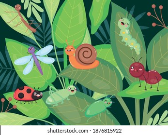 cute insects standing on leaves over white background, colorful design, vector illustration