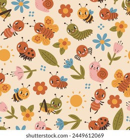 Cute insects summer seamless pattern. Colorful childish background with various bugs and plants. Baby animal design. Repeat vector illustration for kids