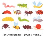 Cute insects vector illustration set. Cartoon colorful funny insect characters for childish kids collection with grasshopper ant bug dragonfly worm spider fly ladybug bee beetle isolated on white