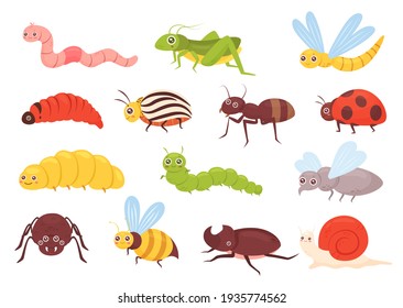 Cute insects vector illustration set  Cartoon colorful funny insect characters for childish kids collection and grasshopper ant bug dragonfly worm spider fly ladybug bee beetle isolated white