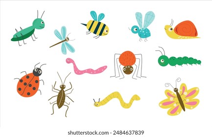 Cute insects vector illustration set. Cartoon colorful funny insect characters for childish kids collection.