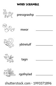 Cute insects word scramble for kids. Sort letters into correct order. Worksheet for children.