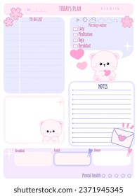 Cute inspiration notepaper kawaii design printable .  White pink pages for tags , weekly notes,  to do list minimal style with animal character tags 