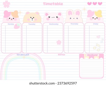 Cute inspiration notepaper kawaii design printable .  White pink pages for tags , weekly notes,  to do list, timtable minimal style with cartoon animal character tags cake flower