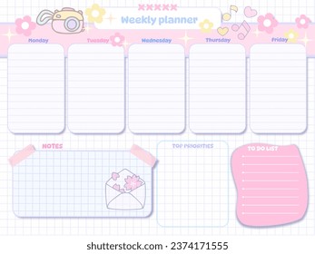 Cute inspirador papel de papel kawaii diseño imprimible .  Páginas en blanco rosado para etiquetas , notas semanales para hacer lista de estilo mínimo con el mensaje de foto de flores 