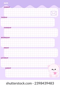 Cute inspiration notepaper kawaii design printable .  White pink pages for tags , weekly notes,  to do list minimal style Monday- Saturday 