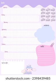 Cute inspiration notepaper kawaii design printable .  White pink pages for tags , weekly notes,  to do list minimal style Monday- Saturday 