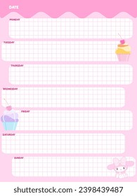 Cute inspiration notepaper kawaii design printable .  White pink pages for tags , weekly notes,  to do list minimal style Monday- Saturday 