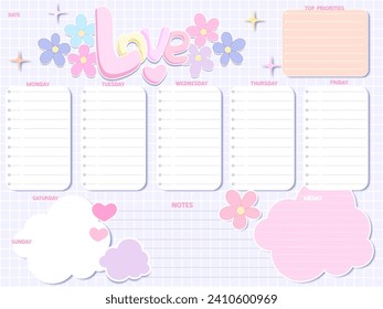 Cute inspiration notepaper kawaii design printable .  White pink pages for tags , weekly notes,  to do list minimal style with flowers Slogan love rainbow cute animals characters 
