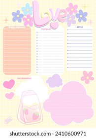 Cute inspiration notepaper kawaii design printable .  White pink pages for tags , weekly notes,  to do list minimal style with flowers Slogan love rainbow cute animals characters 