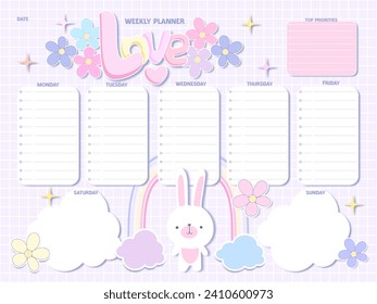 Cute inspiration notepaper kawaii design printable .  White pink pages for tags , weekly notes,  to do list minimal style with flowers Slogan love rainbow cute animals characters 