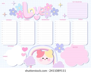 Cute inspiration notepaper kawaii design printable .  White pink pages for tags , weekly notes,  to do list minimal style with flowers Slogan love rainbow cute animals characters 