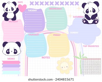 Cute inspiración panda personaje notepaper diseño kawaii imprimible .  Páginas de colores de arcoiris blanco para etiquetas , notas semanales para hacer lista de horario escolar de estilo mínimo 