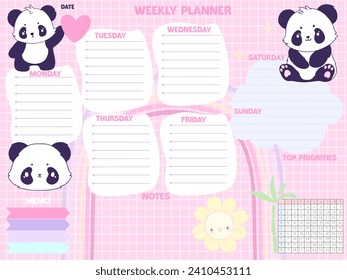 Cute inspiration panda character notepaper kawaii design printable . White rainbow colors pages for tags , weekly notes, to do list minimal style school timetable