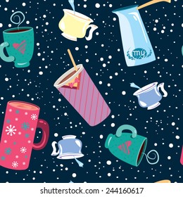 Cute inspirational seamless pattern with cups of coffee and tea in vector.