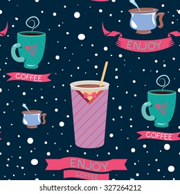 Cute inspirational seamless pattern with cups and cheerful text in vector on the background of sky and snow. Enjoy coffee!