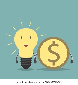Cute inspired light bulb and dollar coin holding hands. Idea, insight, inspiration, innovation, business success, creativity concept. EPS 8 vector illustration, no transparency