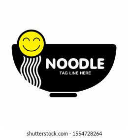 cute instant noodle in bowl , Smiley face and noodles text vector, icon, logo