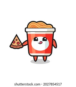 cute instant noodle cartoon eating pizza , cute style design for t shirt, sticker, logo element