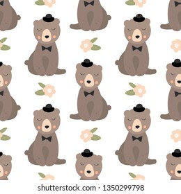 Cute intelligent bear  with black hat seamless vector background with floral elements. Sketch for wrapping paper.