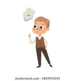 Cute Intelligent Boy in Glasses Having Idea, Education and Knowledge Concept Cartoon Style Vector Illustration