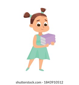 Ilustración de vectores tipo caricatura inteligente de una chica inteligente con una serie de libros, educación y conocimiento
