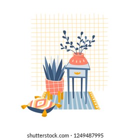 Cute interior card template. Flat style vector illustration with home decor and plants