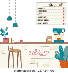 cute interior of a coffee shop. barista counter. coffee machine, coffee menu, cup. flat minimalist style. vector illustration