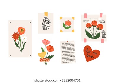 Cute interior decoration, wall art set. Posters, decor prints, drawing, and paintings, artworks with pins and Washi tape, greeting card, memorable paper sheet with text, article. Vector gallery.