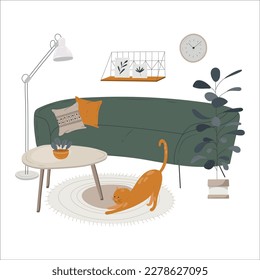 Cute interior with green sofa and houseplant and cat. Sofa, floor lamp, coffee table, indoor flower. Flat illustration, hand drawn style. Vector stock illustration isolated on white background.