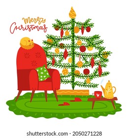 Raffiniertes Interieur mit hausgemachten Dekorationen - Baum, Katze, Sessel, Couchtisch mit Tasse. Winterferien-Saison Indoor-Konzept. Flache Vektorgrafik und Weihnachtsschrift