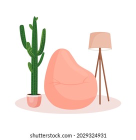 Cute interior with modern furniture and plants. Design of a cozy living room with soft pillow, pouf for sitting, houseplants, carpet and lamp. Vector flat style illustration.