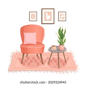 Cute interior with modern furniture and plants. Design of a cozy room with soft armchair, pillow, table, plants, coffee, wall pictures, carpet. Living room interior. Vector flat style illustration.